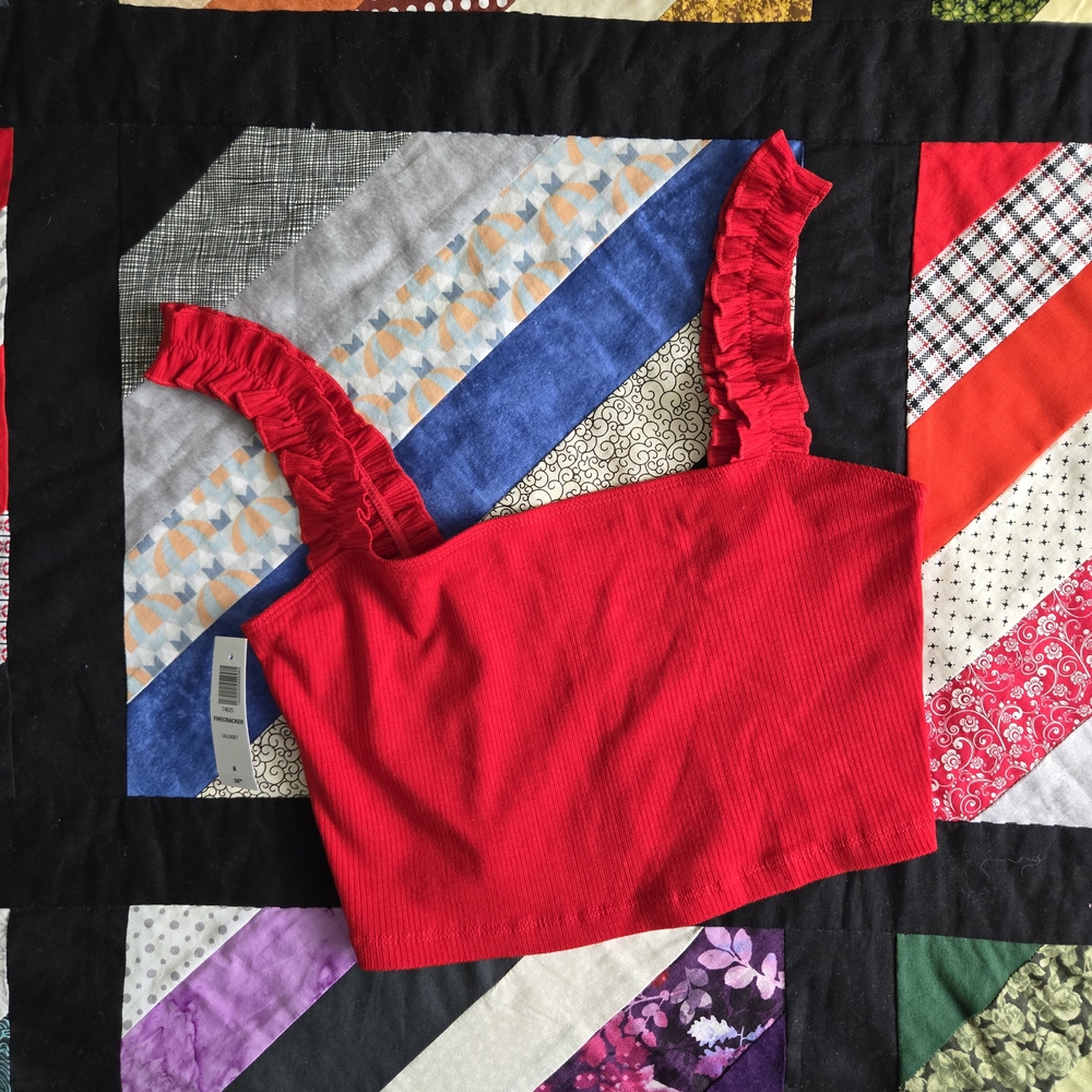 Aritzia Tank Top Cropped Ruffled Strap Ribbed True Red